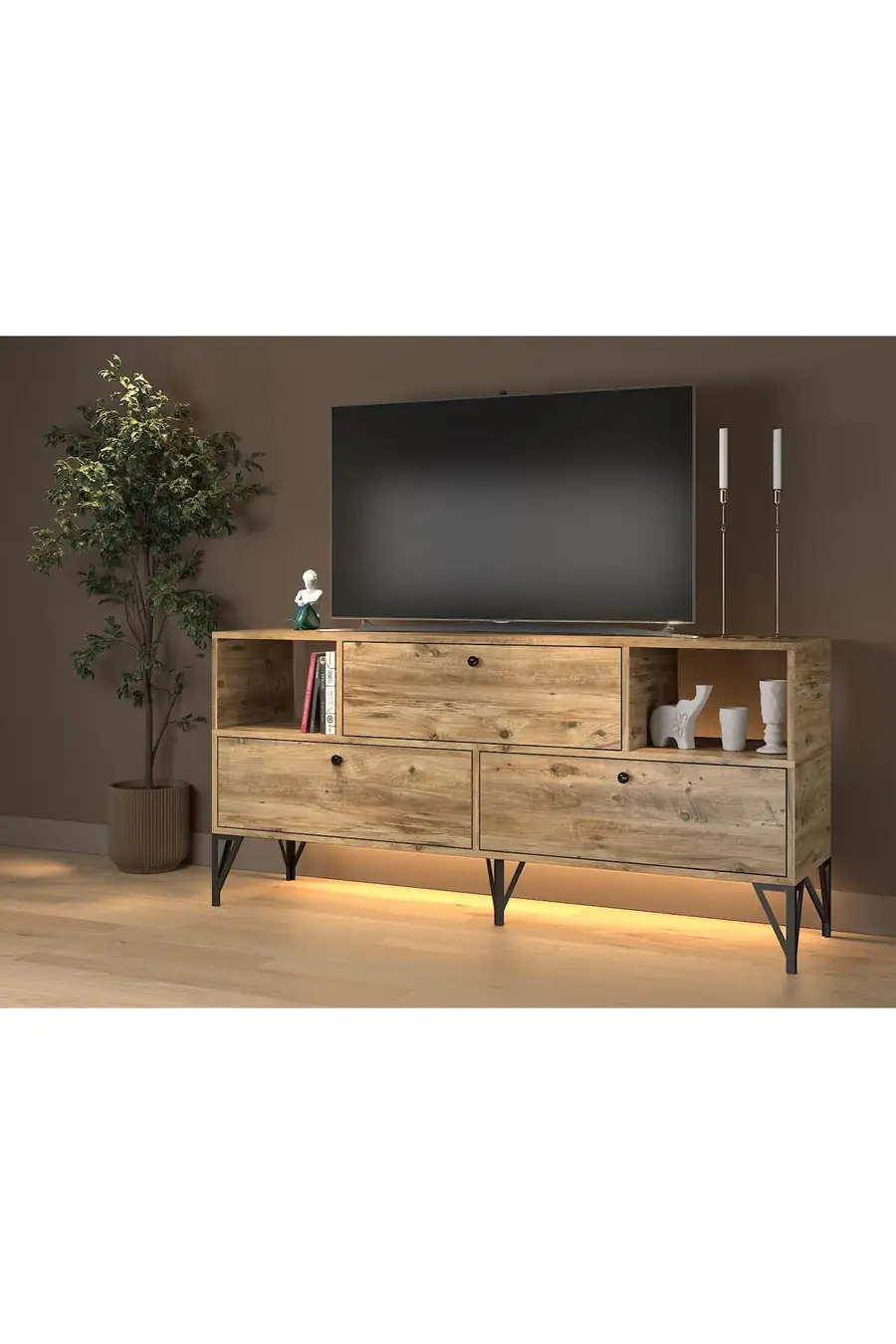 Mila Led Işıklı Dolaplı Minifiksli 160 Cm Konsol - Tv Ünitesi - Tv Sehpası - Atlantik Çam